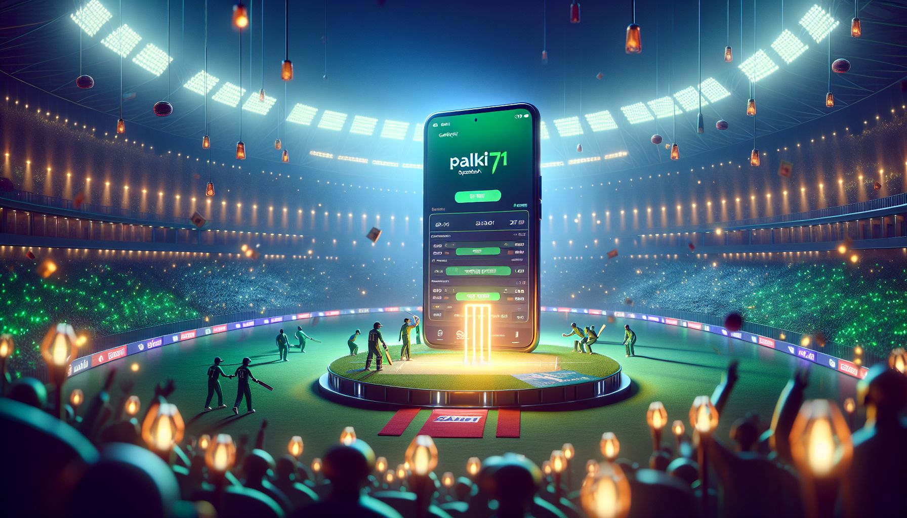 Bangladeshi cricket excitement under bright stadium lights with a mobile betting screen in focus