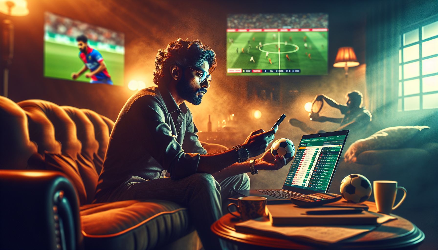 Sports fan in Bangladesh using phone and laptop to place live bets during an intense match