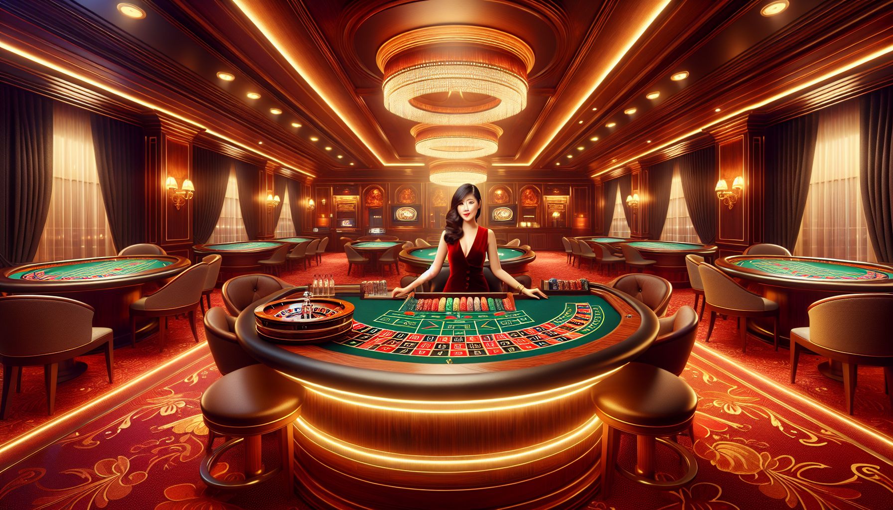 Elegant live casino setup with dealer table, roulette wheel, and polished studio lighting