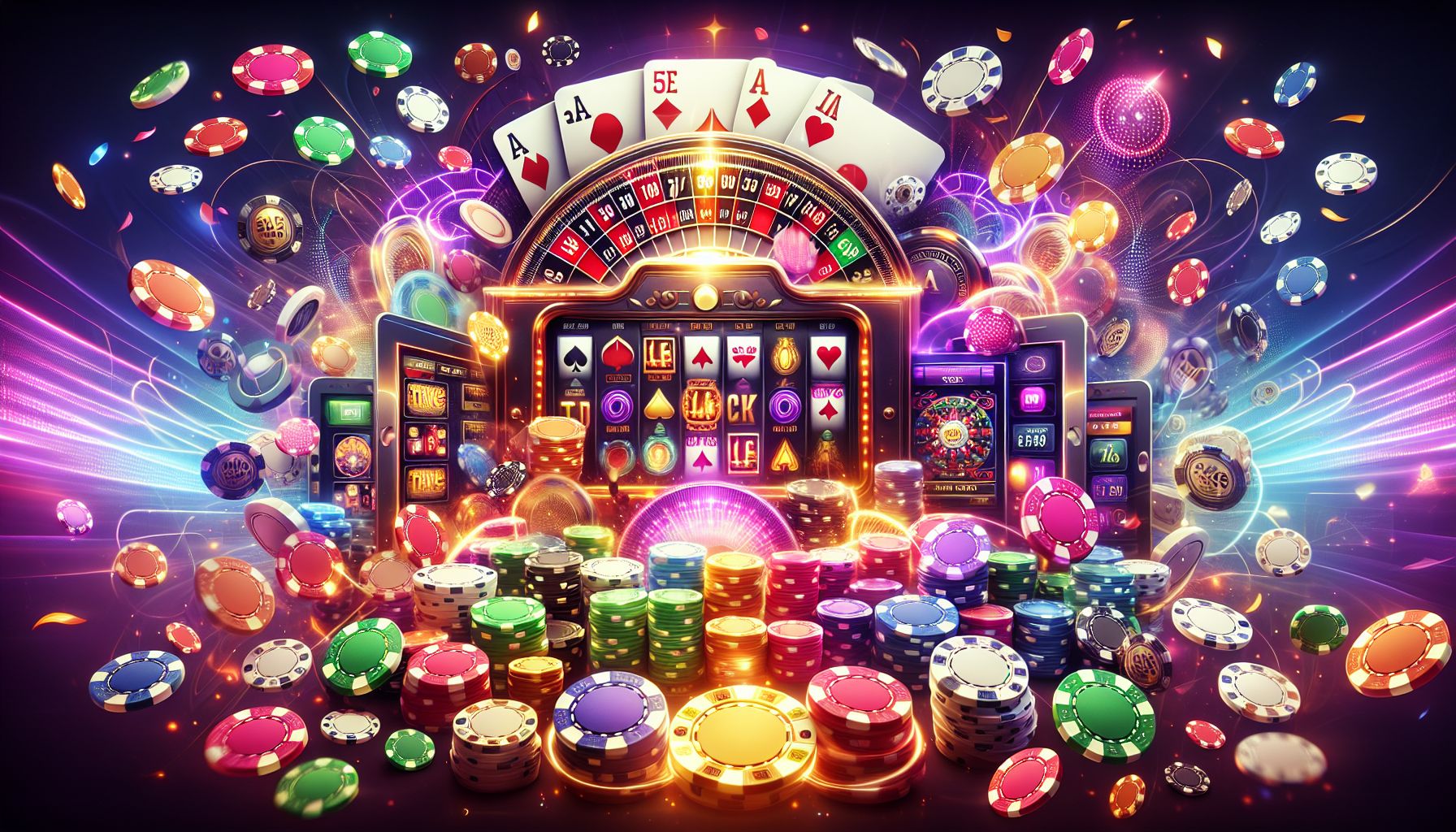 Colorful online casino dashboard with chips, cards, and live game highlights for Bangladesh players