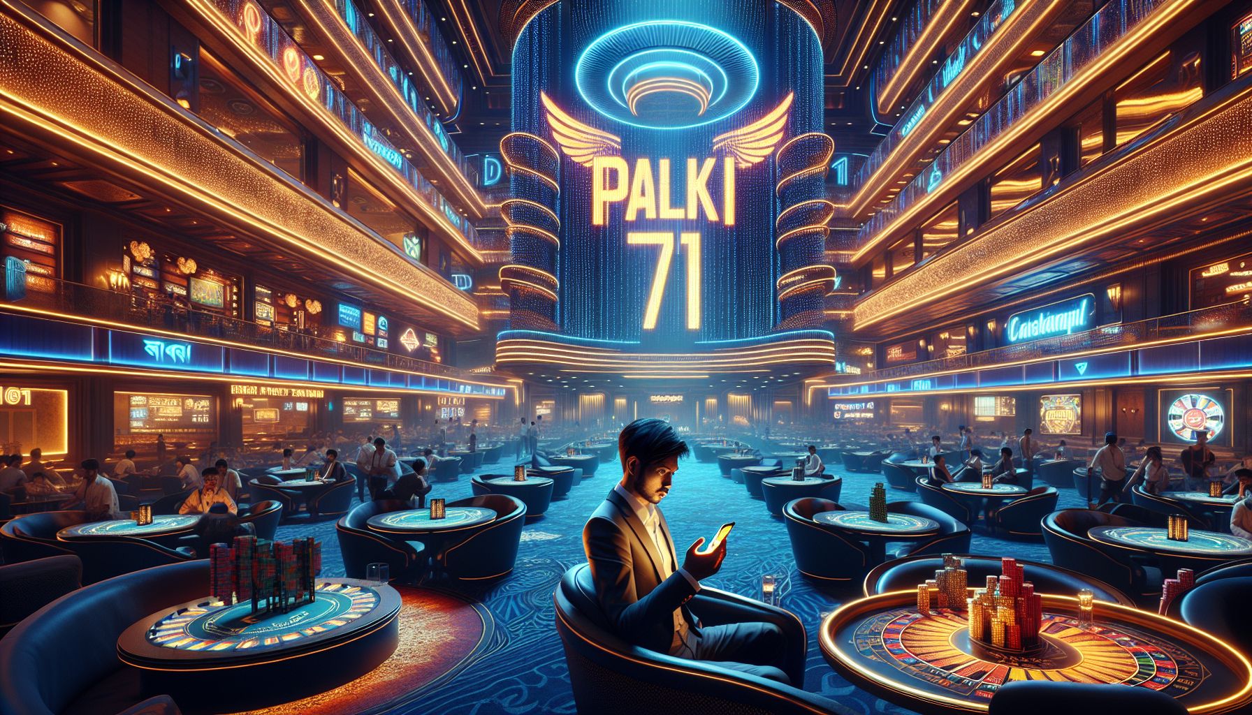 Modern gamer in a glowing digital lounge with colorful casino visuals and a bright Palki71 atmosphere designed for Bangladesh players