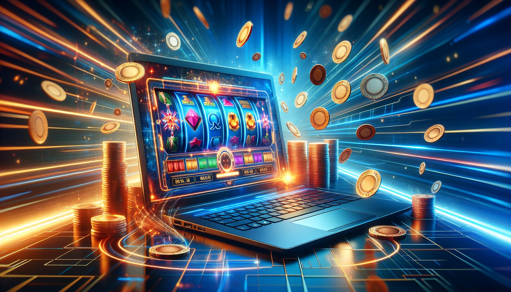 Laptop showing dynamic casino game icons, bright reels and digital effects in a polished Palki71 gaming setup