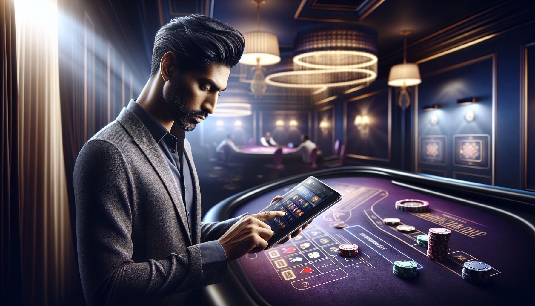Focused player using a tablet with glowing casino graphics and refined Palki71 visual style in a modern setting