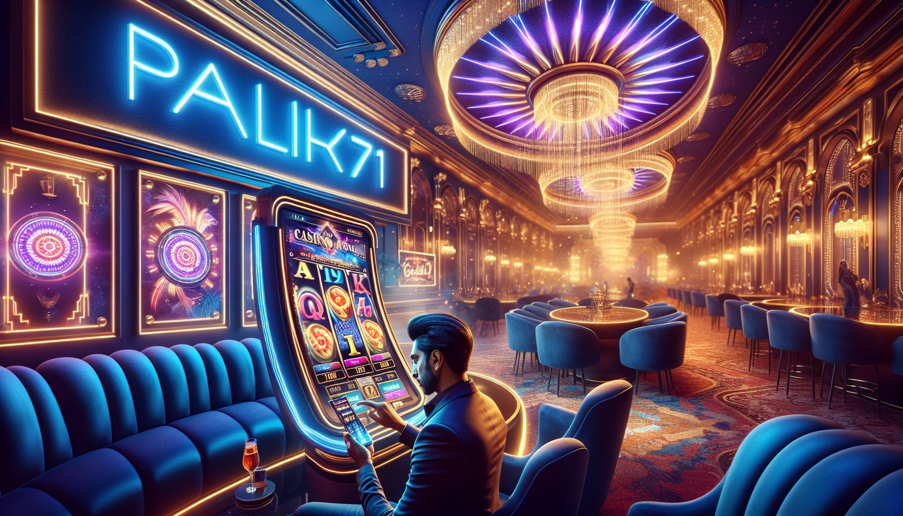 Bangladeshi player using a phone in front of glowing slot displays inside a stylish Palki71 gaming setting