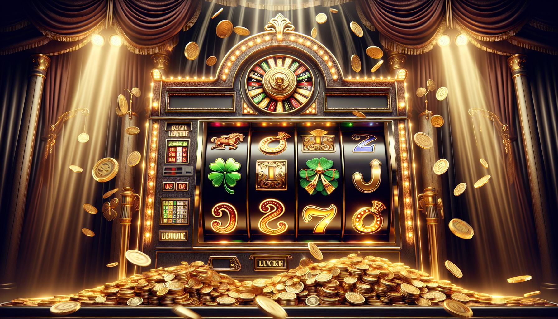 Premium slot reel with bright lucky symbols and a shower of coins in a dramatic casino-inspired scene